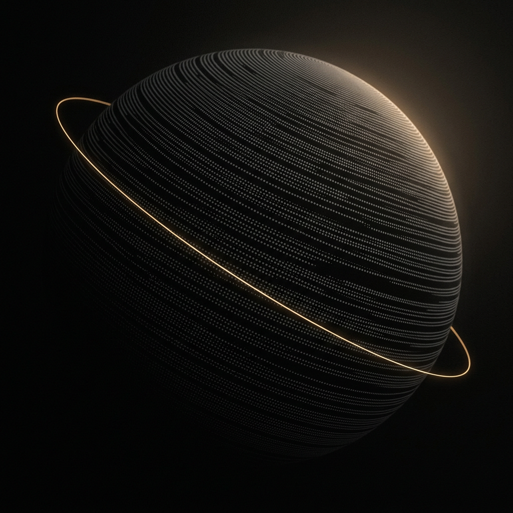 A dark sphere of fine dots arranged like lines of printed text, circled by a thin gold orbit
